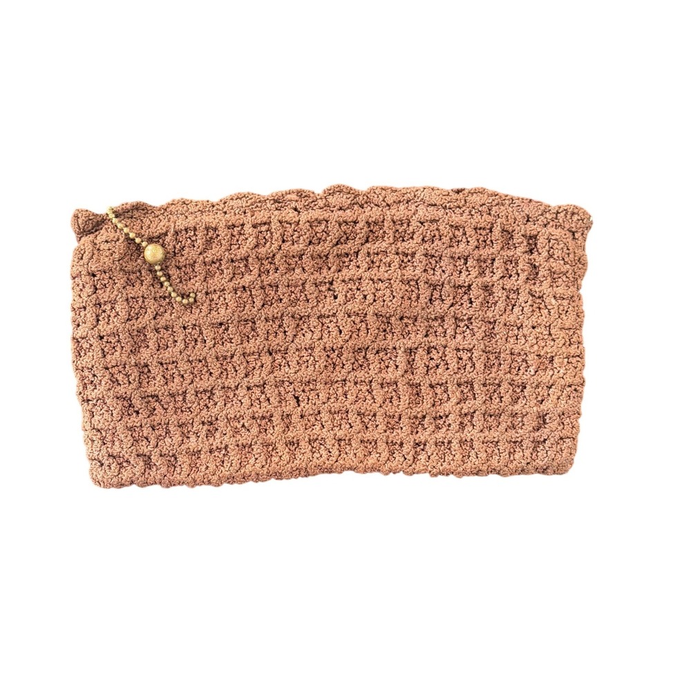 Vintage Brown Crochet Clutch Bag Waffle Stitch Talon Zipper Ball Chain Pull